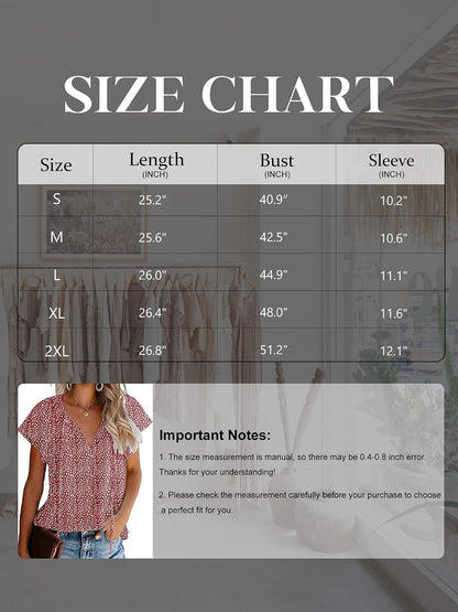 Women's Casual Floral Ruffle Short Sleeve Tops Cute Boho V Neck Loose Blouses Summer Fall Shirts