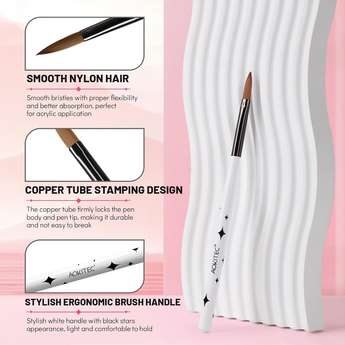 4-piece acrylic nail brush set from Aokitec, perfect for beginners and professionals, with high-quality Kolinsky brushes.