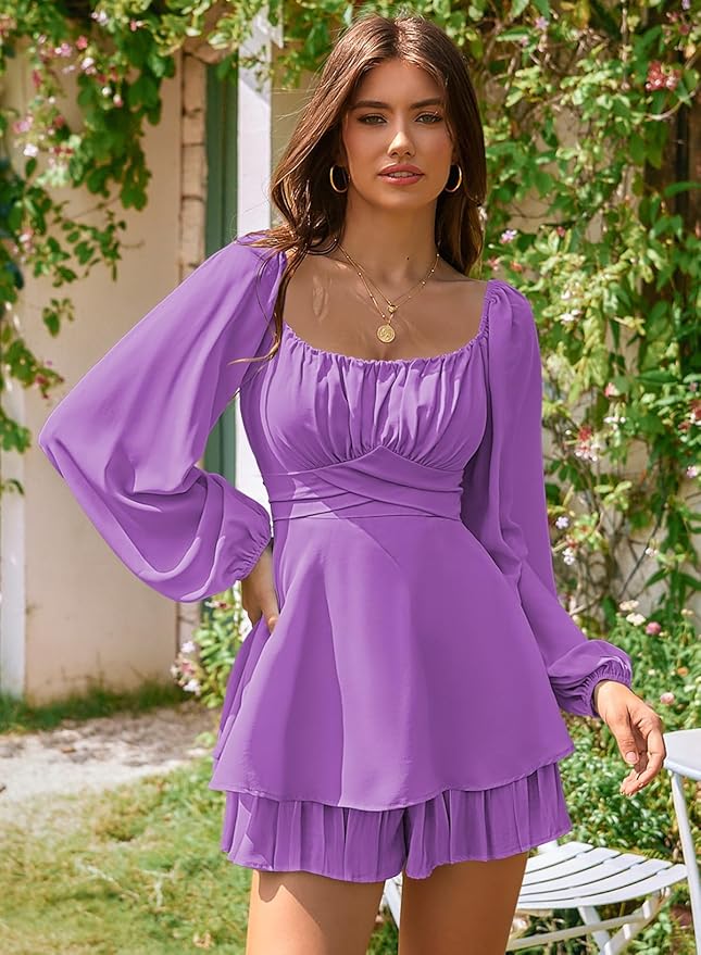 Linsery Womens Ruffle Long Sleeve Short Rompers Sexy Layered Tie Waist Chiffon One Piece Outfits Solid Jumpsuit