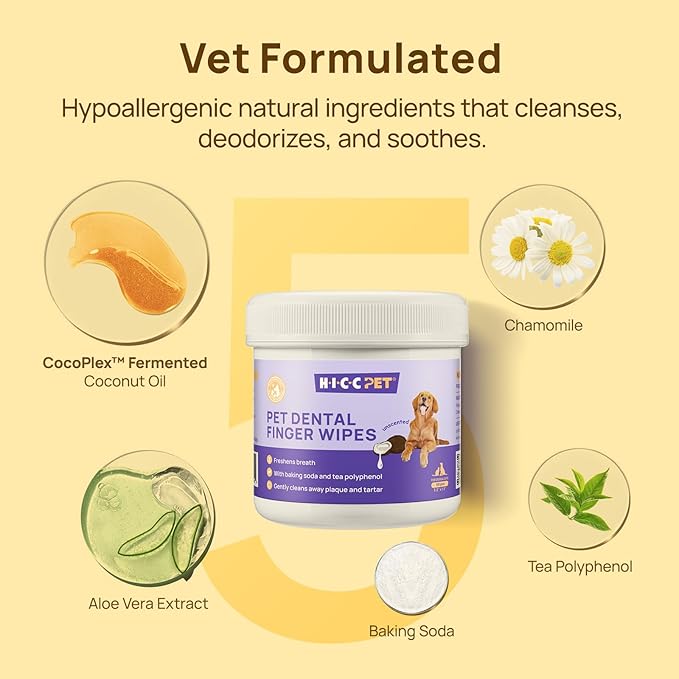HICC PET Teeth Cleaning Wipes for Dogs  Cats, Remove Bad Breath by Removing Plaque and Tartar Buildup No-Rinse Dog Finger Toothbrush, Disposable Gentle Cleaning  Gum Care Pet Wipes, 50 Counts