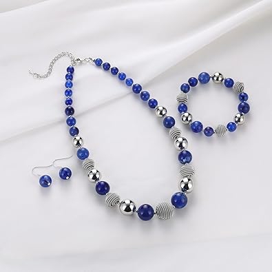 PEARLCLUB Beaded Chunky Statement Necklace Earring and Bracelet Set Silver Metal Bead Fashion Jewelry Set Mothers Day Gifts for Women