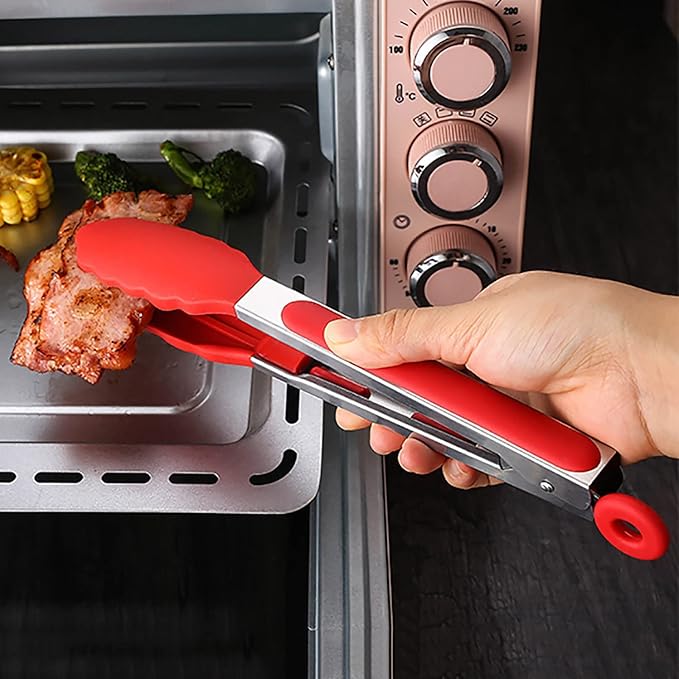 Cooking Tongs Stainless Steel, Kitchen Tongs with Silicone Tips, Food Tongs for Baking and Cooking, 304 Stainless Steel, Heat Resistance Up to 470F, Easy to Store and Clean, Medium, Pink