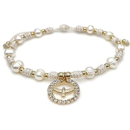 Holy Spirit 18K Gold Plated CZ Pendant on Dainty Pearls Bracelet Charm Catholic Gift Of Hope For Women and Teens