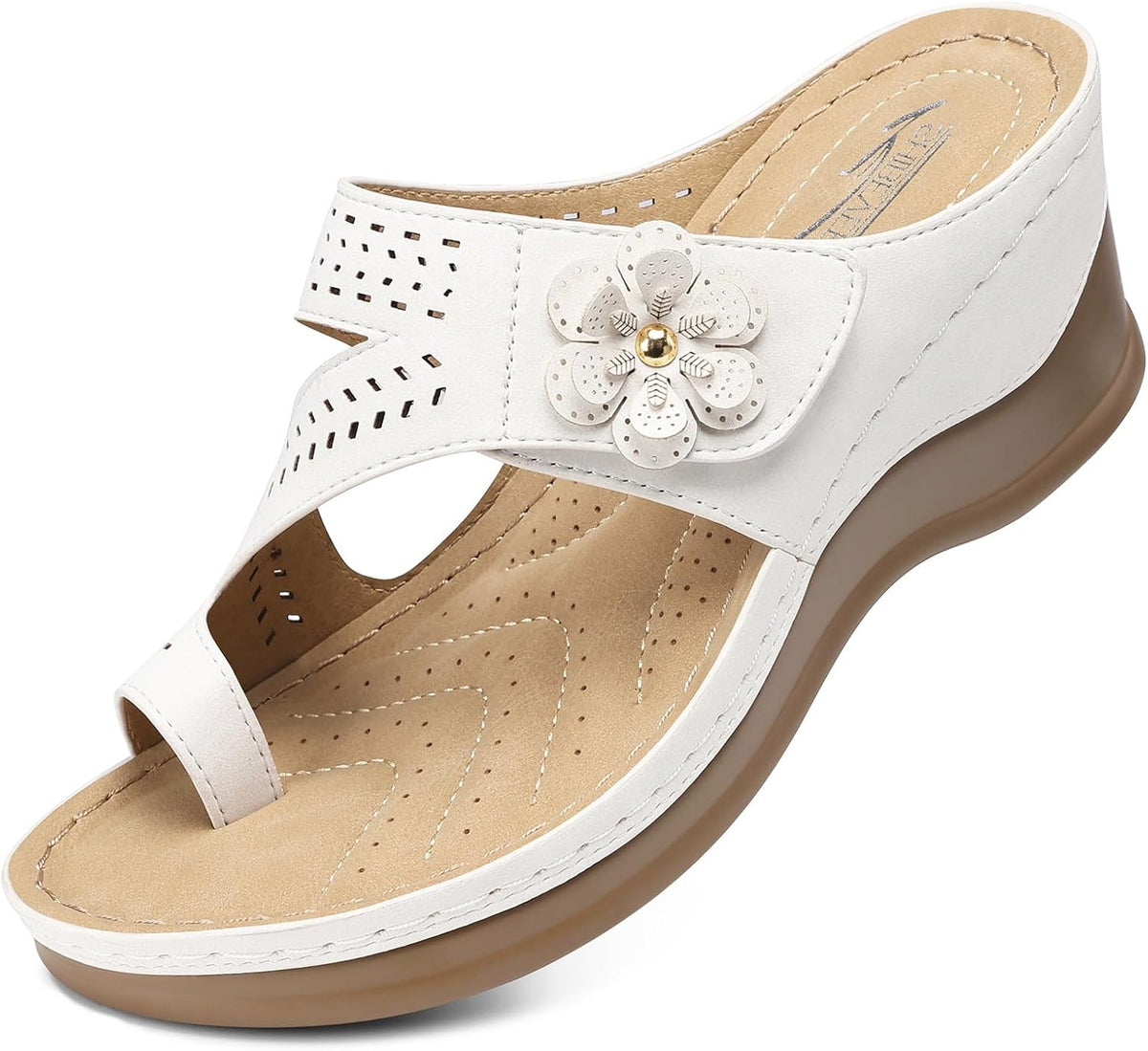 SHIBEVER Women's Wedge Sandals Comfortable: Dressy Slip-On Summer Shoes | Arch Support for All-Day Comfort - Adjustable Hook and Loop - Orthopedic Flip Flops for Casual Walking