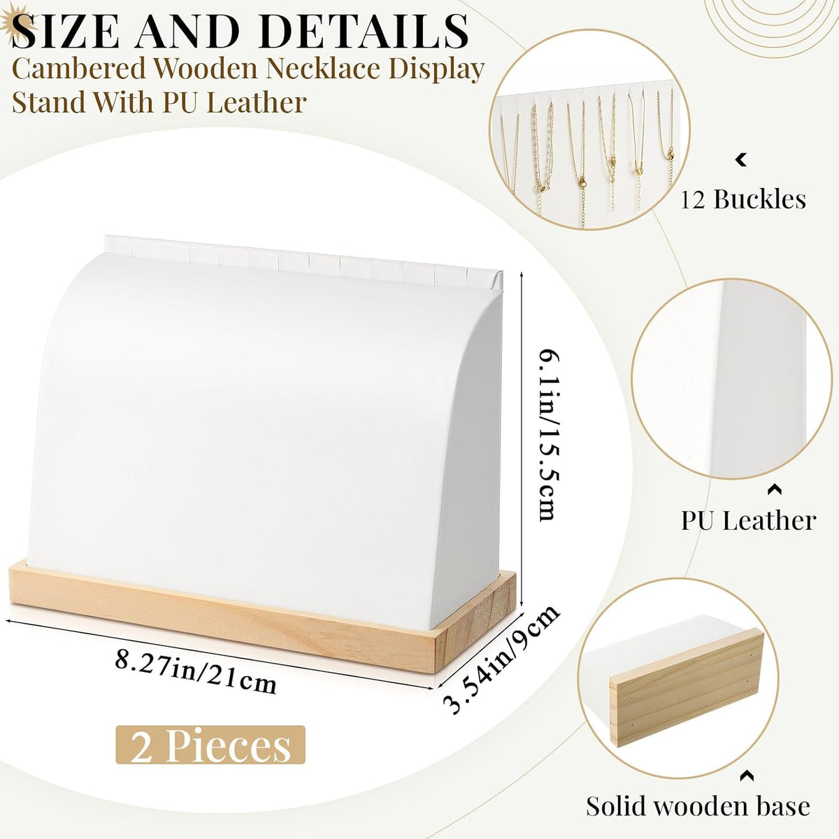 2 Pieces Cambered Wooden Necklace Display Stand with Soft Mat Necklace Holder Jewelry Display for Vendors Home Boutique Countertop Pendant Chain Chokers Organizer Pendant (White,PU Leather)