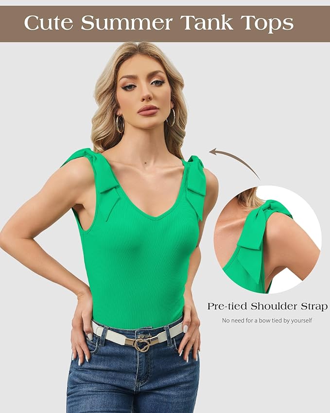 FireSwan Womens Summer Cute Tank Tops V Neck Bow Tie Shoulder Shirts Sleeveless Trendy Ribbed Knit Camisole