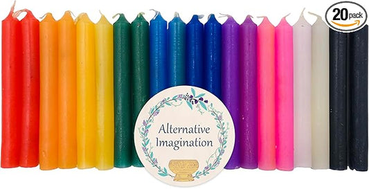Alternative Imagination Colored Candles, 4" Mini Taper Chime Candles, Great for Birthday Parties, Spell Work, Witchcraft Supplies, Wiccan Decor, Altar Supplies, Meditation Decor, Unscented Box of 20