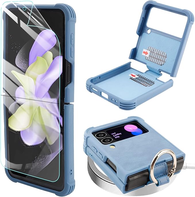 Phone Case Compatible for Galaxy Z Flip 4,[Screen Protector Not Included] Leather Cell Phone Cover with Ring Fit for Samsung Galaxy Z Flip 4 5G (Blue)