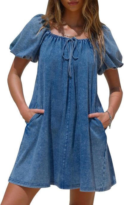 EXLURA Womens Summer Denim Short Puff Sleeve Dresses Knit Loose Plus Size Short Mini Dress 2026 Trendy Spring Outfits