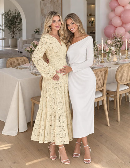 MEROKEETY Women's Fall Long Sleeve Floral Maxi Dress Lace Eyelet Hollow Out Tiered Boho Wedding Guest Dresses Pockets