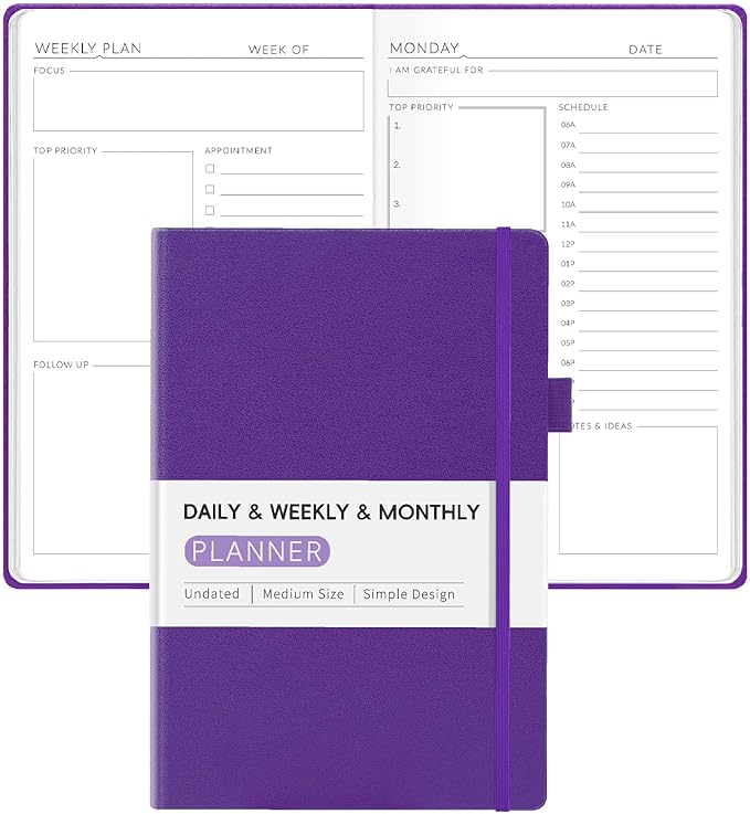 Undated Weekly Planner for 2025, Forvencer Simplified Daily  Weekly  Monthly Calendar Planner, Cute Daily Organizer Notebook, Agenda Journal to Track Goals  Tasks, Start Anytime, A5 Size, Purple