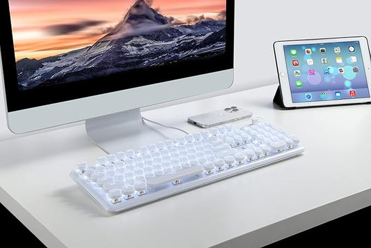 CC MALL Gaming Keyboard,Retro Punk Typewriter-Style, Blue Switches, White Backlight, USB Wired, for PC Laptop Desktop Computer, for Game and Office, Stylish White Mechanical Keyboard