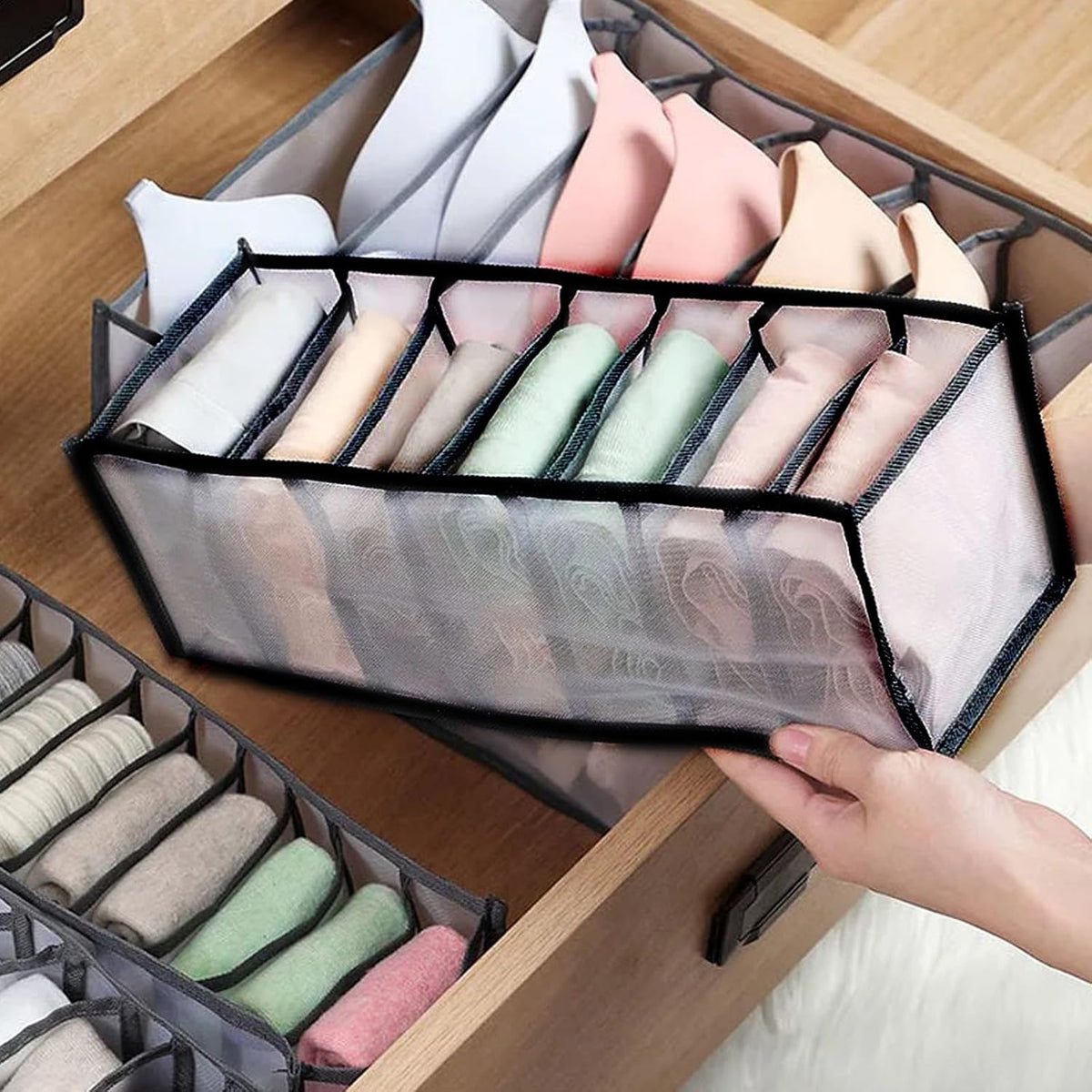 Underwear Storage Organizer, 7-Compartment Foldable Drawer Divider for Home, Closet, and Travel Use, Mesh Fabric Underwear Organizer Box (Black)