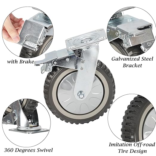 8 Inch Heavy Duty Casters Wheels Set of 4 (2 with Brake and 2 Without), 2314 Lbs Capacity Industrial 360° Swivel Caster Wheels for Cart, Trolley, Workbench, Furniture- Anti-Skid Rubber