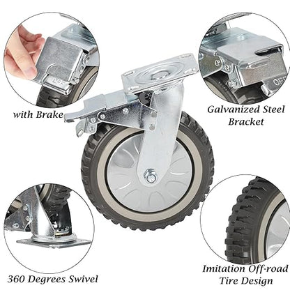 8 Inch Heavy Duty Casters Wheels Set of 4 (2 with Brake and 2 Without), 2314 Lbs Capacity Industrial 360° Swivel Caster Wheels for Cart, Trolley, Workbench, Furniture- Anti-Skid Rubber