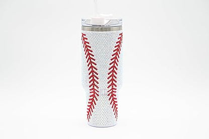 40 Oz Rhinestone Bling Tumbler Cup with Handle and Straw (BASEBALL), Stainless Steel and Double Wall Insulated