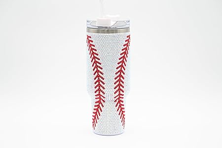 40 Oz Rhinestone Bling Tumbler Cup with Handle and Straw (BASEBALL), Stainless Steel and Double Wall Insulated