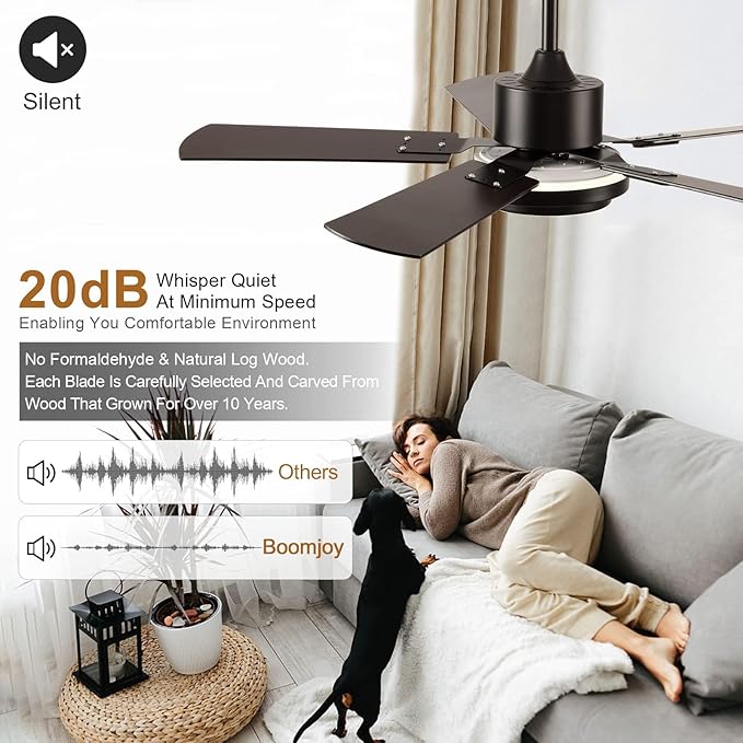 BOOMJOY 42Modern Black Ceiling Fans with Lights and Remote Control,5 Blades,Reversible DC motor,Wood Ceiling Fan with Light for Ourdoor Indoor Patios Farmhouse Living Room Kids Bedroom