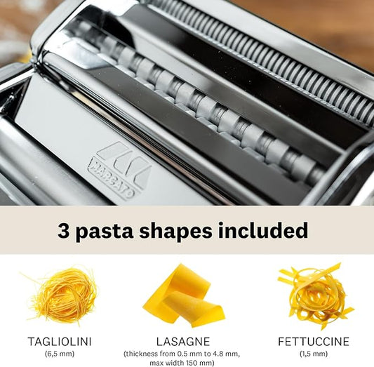MARCATO Made in Italy Atlas 150 Classic Manual Pasta Maker Machine, Chrome Steel. Makes Lasagna, Fettuccine & Tagliolini .