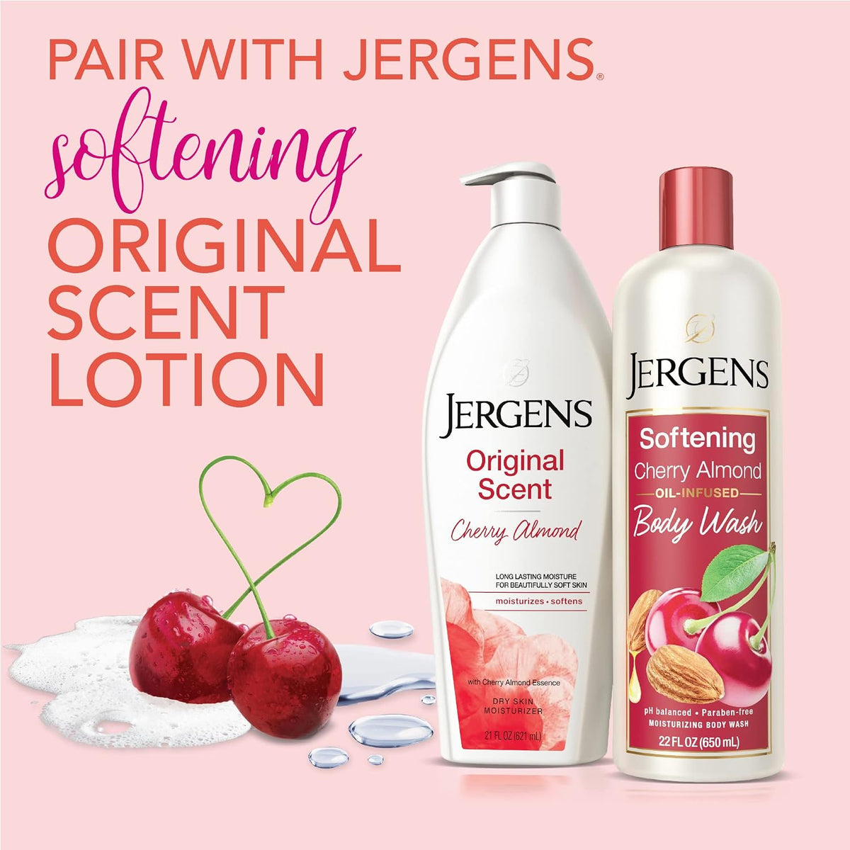 Jergens Softening Cherry Almond Body Wash, Daily Moisturizing Skin Cleanser, Infused with Cherry Almond Oil, pH Balanced, Paraben Free, Dye Free, Dermatologist Tested, 22 oz (Packaging May Vary
