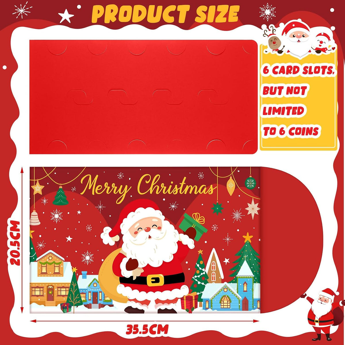 Humyoun Jumbo 14" x 8" Christmas Money Cash Holder with Envelopes, Classic 6 Money Slots for Cash Gifts, Santa Festive Theme Red Cover, Holiday Present Money Holder for Family Friends Xmas Parties