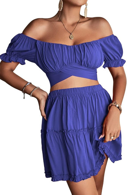 LYANER Women's 2 Piece Outfits Floral Off Shoulder Tie Up Crop Top and Mini Skirt Set