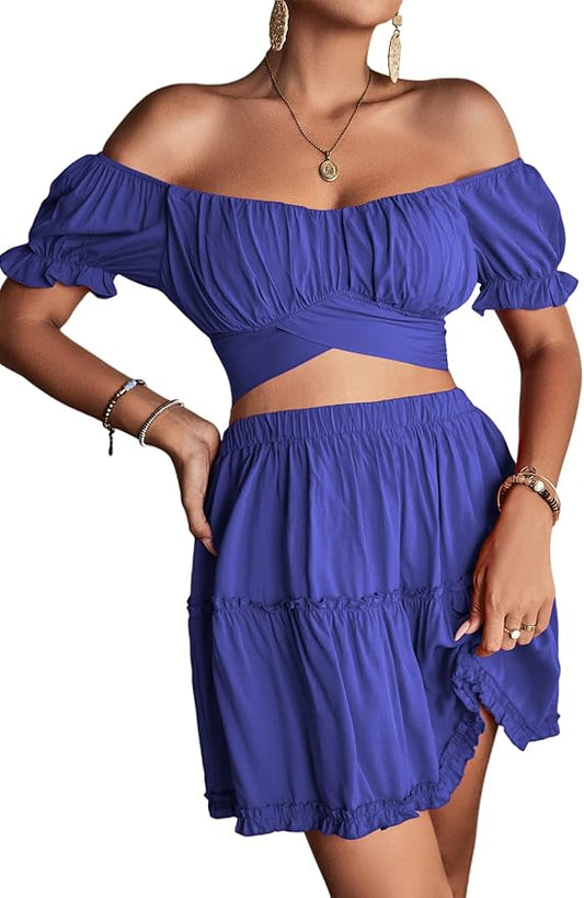 LYANER Women's 2 Piece Outfits Floral Off Shoulder Tie Up Crop Top and Mini Skirt Set