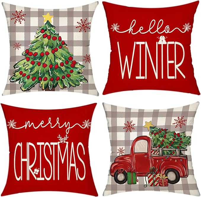 Dixutzi Christmas Pillow Covers 18x18 Set of 4, Red Tree Truck Snowflake Merry Christmas Hello Winter Holiday Farmhouse Xmas Decorative Throw Pillows Cushion Case for Sofa Couch Home Decor