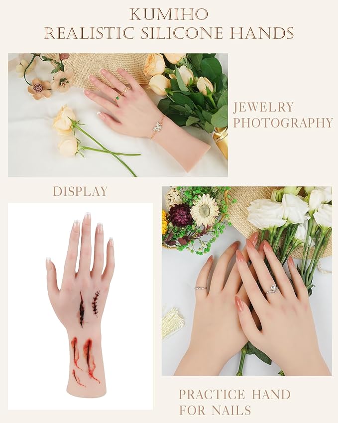 KUMIHO Realistic Silicone Female Hand Model Fake Hand for Jewelry Display Tattoo Training Practice Art Sketch with Nails, 1 Pair -with Skeleton
