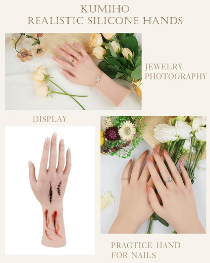 KUMIHO Realistic Silicone Female Hand Model Fake Hand for Jewelry Display Tattoo Training Practice Art Sketch with Nails, 1 Pair -with Skeleton