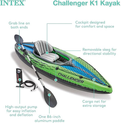 INTEX Challenger Series Inflatable Kayak: Includes 86-inch luxury kayak paddles and high-performance pump - Super strong PVC - Adjustable seat with backrest - Removable Skeg - Net of