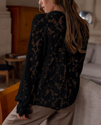 Soft, lace-trimmed blouse perfect for dressy casual looks - pairs easily with various bottoms for all-day comfort and style.