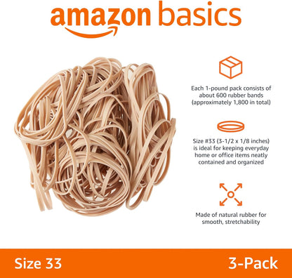 Basics Rubber Bands, Office Supplies, Size 33 (3-1/2 x 1/8 Inch), Stretchy, 600 Bands/1 lb Pack, 3-Pack, Tan
