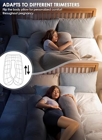 QUEEN ROSE Pregnancy Pillows, Cooling Maternity Pillow for Sleeping, 55in U Shaped Body Pillow for Pregnant Support, with Removable Silky Cover, Gray