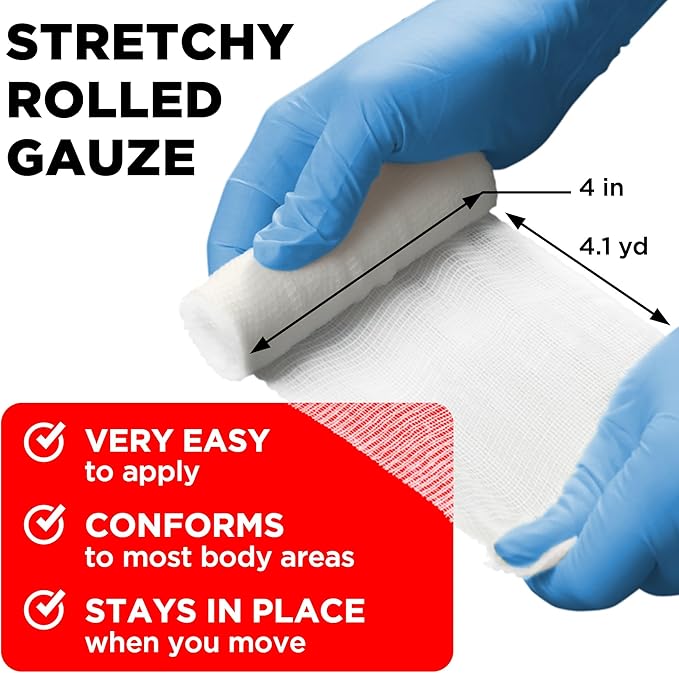 Gauze Rolls - 24 Pack - 4" x 4.1yd Breathable Rolled Gauze - Individually Wrapped with Bonus Tape - First Aid Conforming Stretch Wrap for Wounds