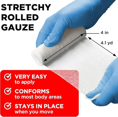 Gauze Rolls - 24 Pack - 4" x 4.1yd Breathable Rolled Gauze - Individually Wrapped with Bonus Tape - First Aid Conforming Stretch Wrap for Wounds