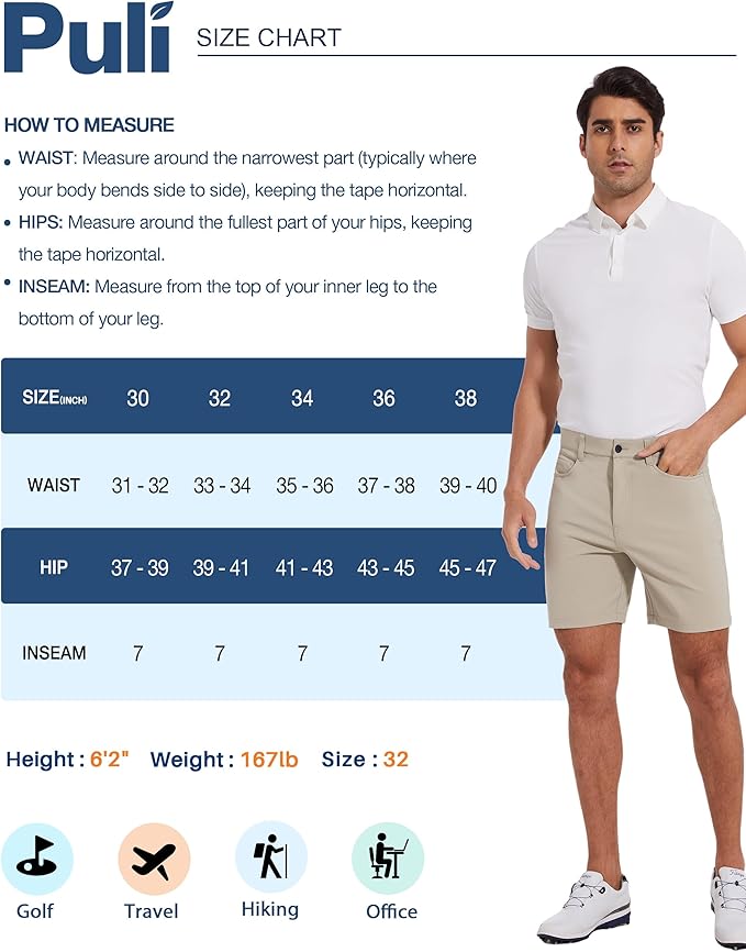 PULI Golf Shorts Men Stretch Dress Lightweight Travel Relax Fit Casual Waterproof Quick Dry Summer Shorts 7 Inch Inseam