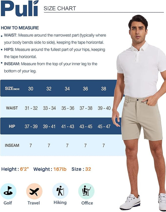 PULI Golf Shorts Men Stretch Dress Lightweight Travel Relax Fit Casual Waterproof Quick Dry Summer Shorts 7 Inch Inseam