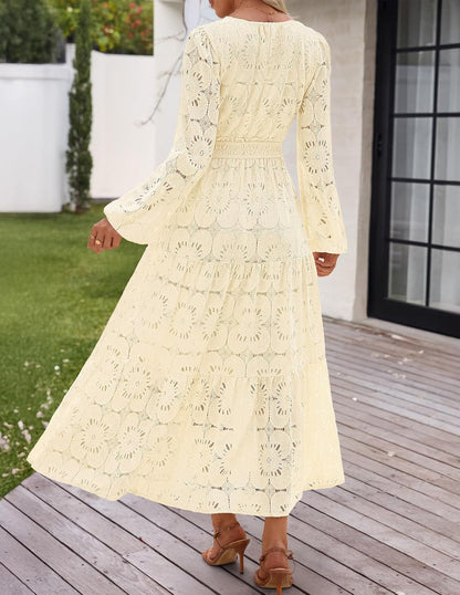 MEROKEETY Women's Fall Long Sleeve Floral Maxi Dress Lace Eyelet Hollow Out Tiered Boho Wedding Guest Dresses Pockets