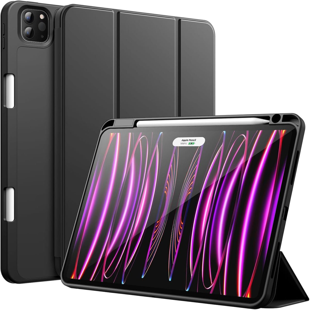 Case for iPad Pro 11 Inch 2022/2021/2020 Model (4th/3rd/2nd Generation), with Pencil Holder, Support 2nd Pencil Charging, Slim Tablet Cover with Soft TPU Back, Auto Wake/Sleep (Black)