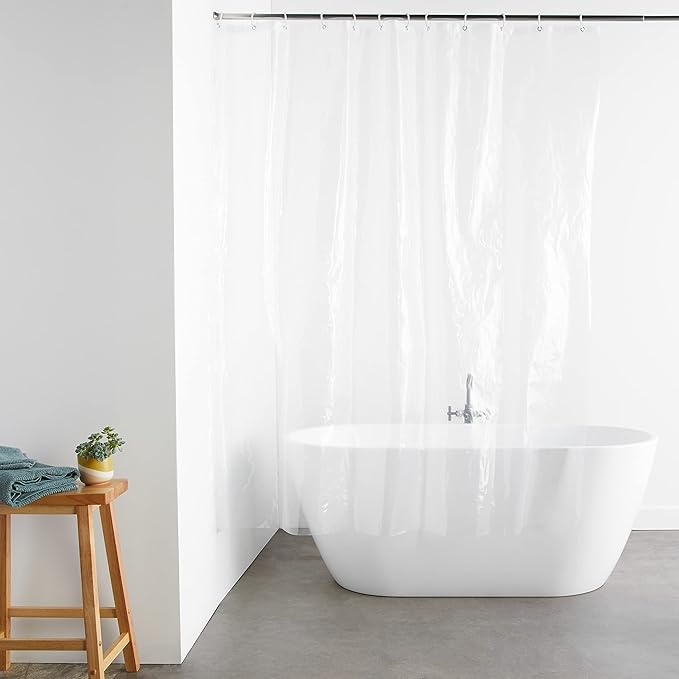 Basics Water Resistant 8-Gauge PEVA Shower Curtain Liner with Metal Grommets and Plastic Hooks, 72"L x 72"W, Clear
