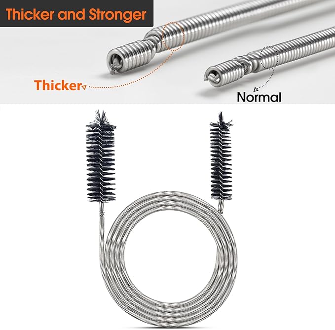 Extra-Thick Drain Brush with Stronger Spring - 67-Inch Flexible Pipe Cleaning Tool - Dual Bristle Heads - Ideal for Curved Pipes and Slim Holes a Black