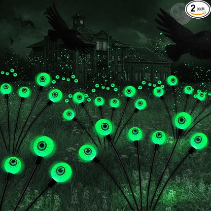 Halloween Decorations Outdoor Solar Scary Eyeball Lights,2PACKS 12LED Green Eyeball Swaying Firefly Lights,Waterproof Solar Halloween Path Lights for Yard Garden Lawn Party Decor