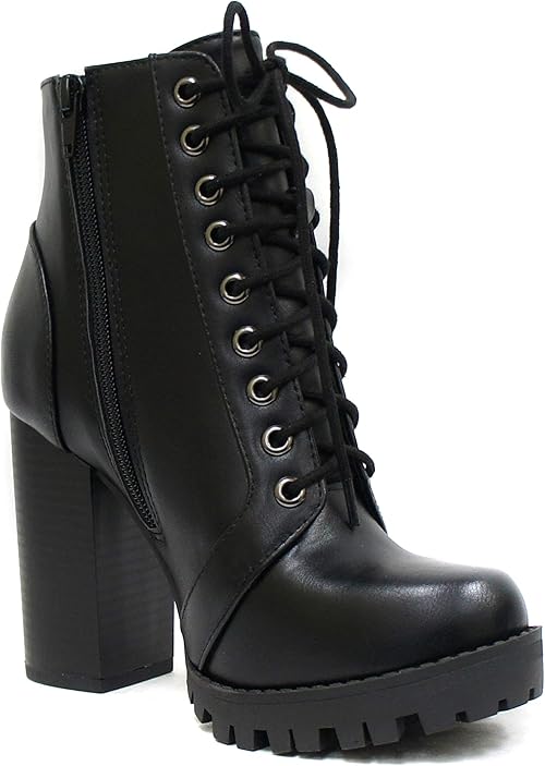 Soda Chalet  Fashion Lace up Military Inspired Ankle Boot with Stacked Heel and Side Zipper