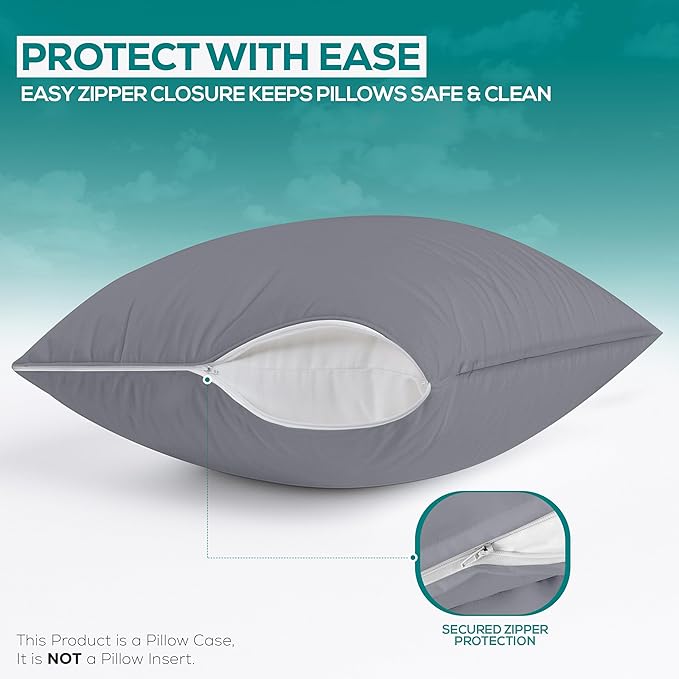 Utopia Bedding Waterproof Pillow Protectors Zippered Queen Size (2 Pack, Gray), Zippered Pillowcases, Bed Bug Proof Pillow Encasement Covers 20 x 28 Inches