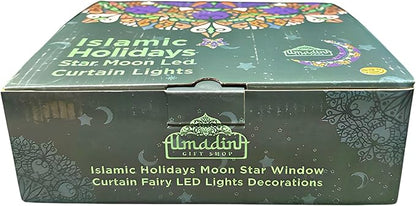 Islamic Holidays Moon Star Window Curtain Fairy LED Lights Decoration, Clear