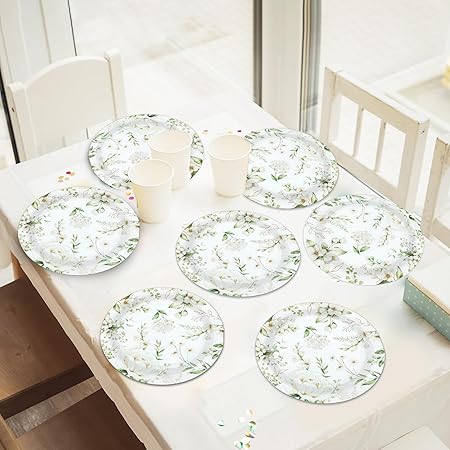 48PCS White Floral Party Paper Plates 7In Wildflower Party Decorations Spring Blossom Flowers Dinner Plates Greenery Disposable Tableware for Wedding Bridal Baby Shower Birthday Party Supplies
