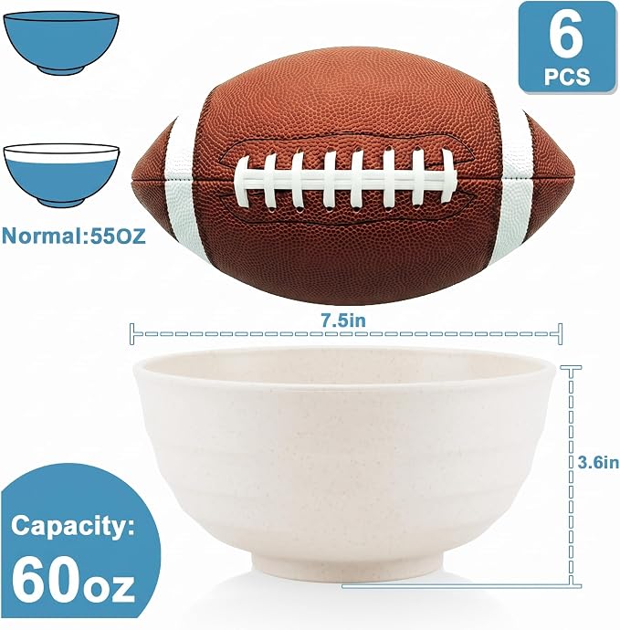 60oz Wheat Straw Bowls Set of 6, Unbreakable Ramen Bowl - White