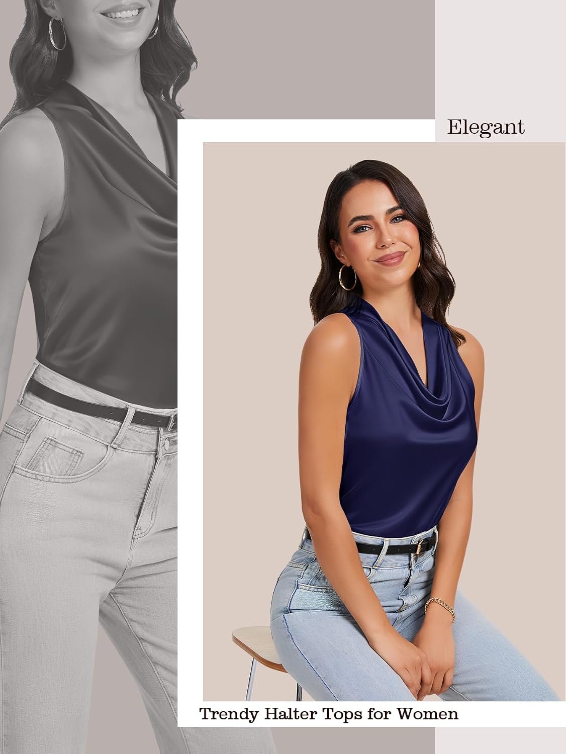 LAOTEPO Cowl Neck Halter Tops for Women Silk Satin Going Out Tank Top Trendy Summer Camisole Business Casual Blouses Outfits