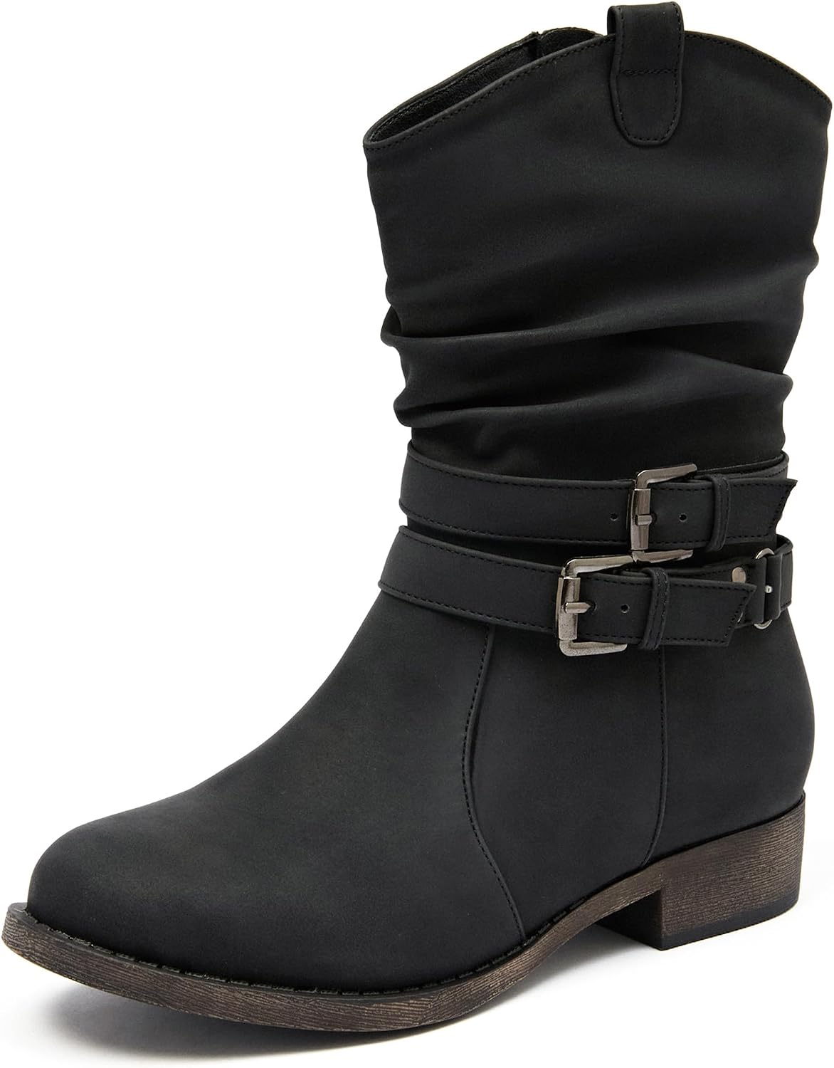 Women's Mid-Calf Cowboy Cowgirl Boots with Low Chunky Heel, Side Zipper, Motorcycle Style, Classic Round Toe,Fashion Western (Black/Dark Brown/Grey) Boots.
